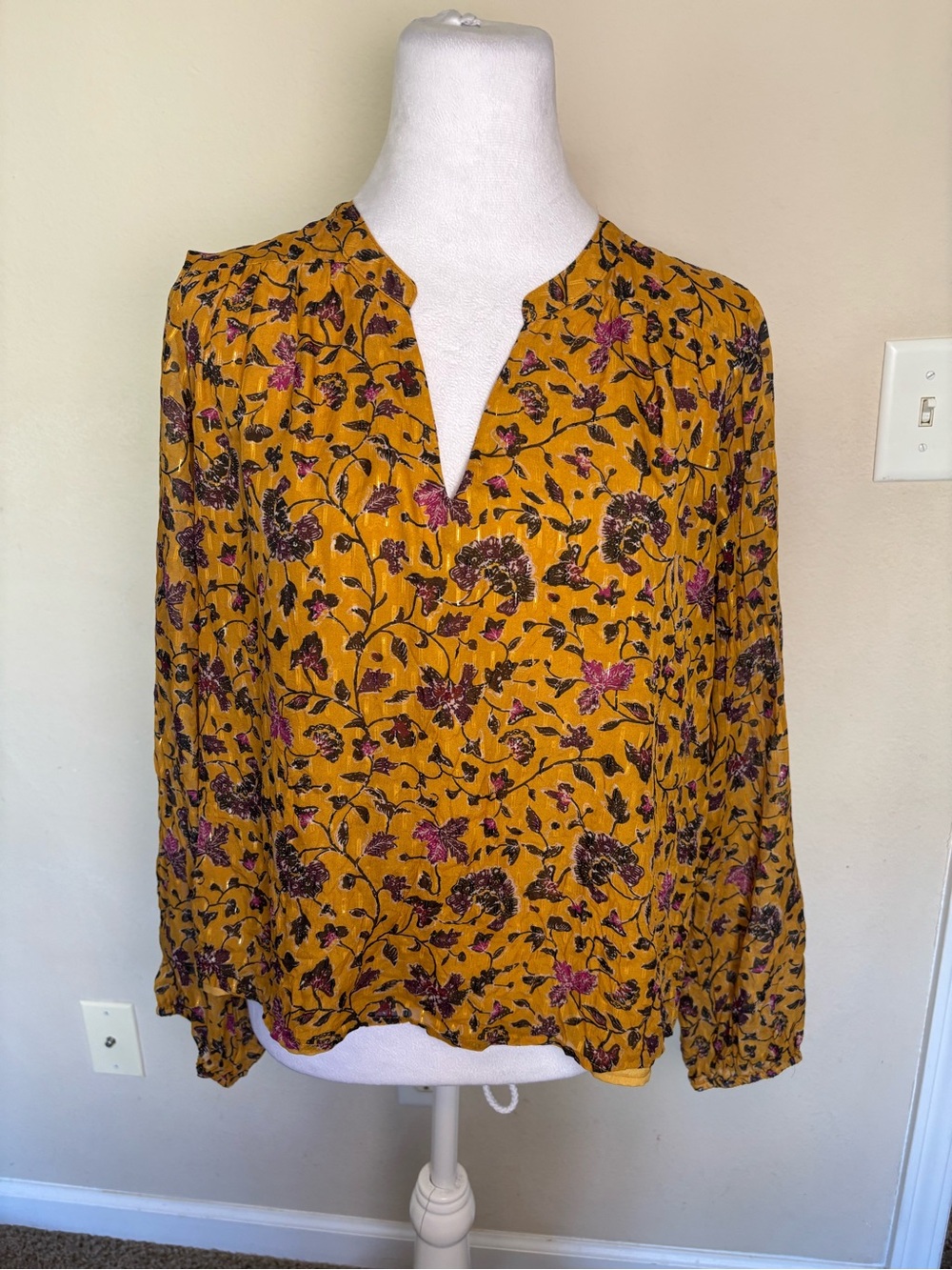 Faherty Silk Cotton Blend Yellow Floral Longsleeve Blouse